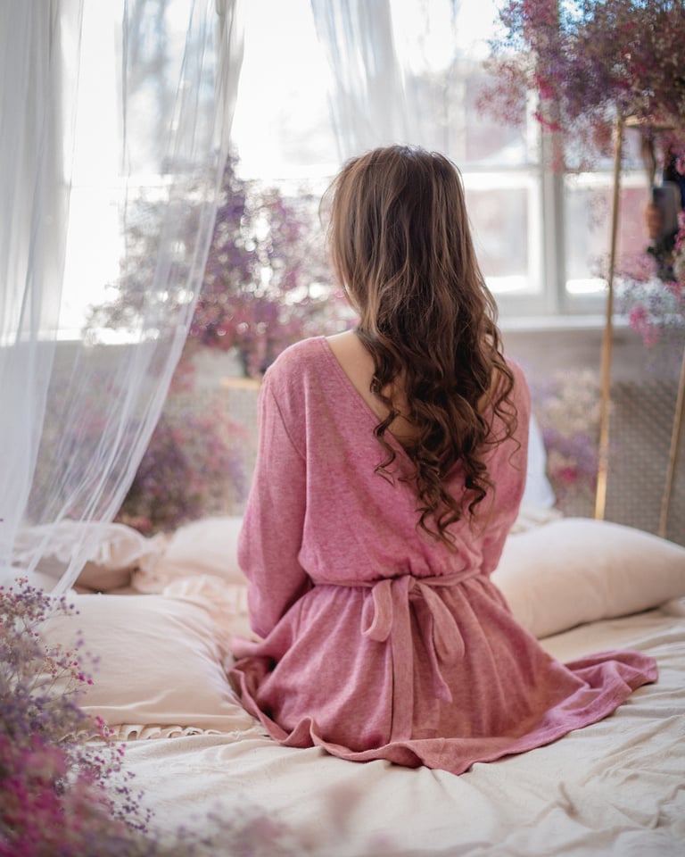 Back View of Woman in Pink Dress on Bed